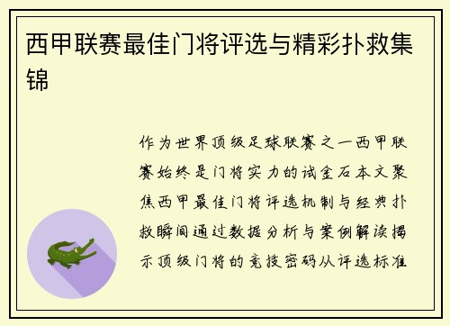 西甲联赛最佳门将评选与精彩扑救集锦